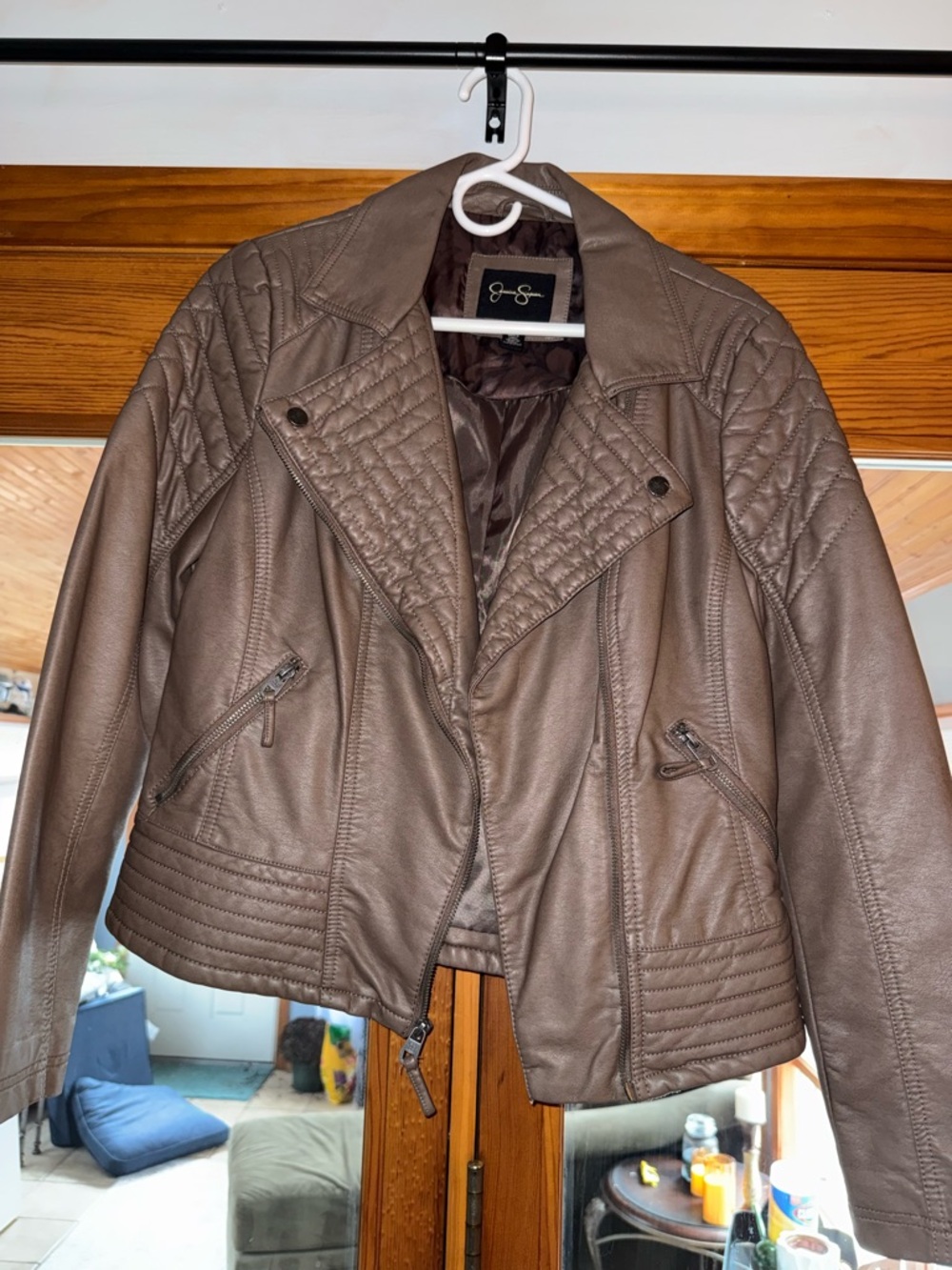 Jessica Simpson Quilted Faux Leather Jacket - Taupe Brown